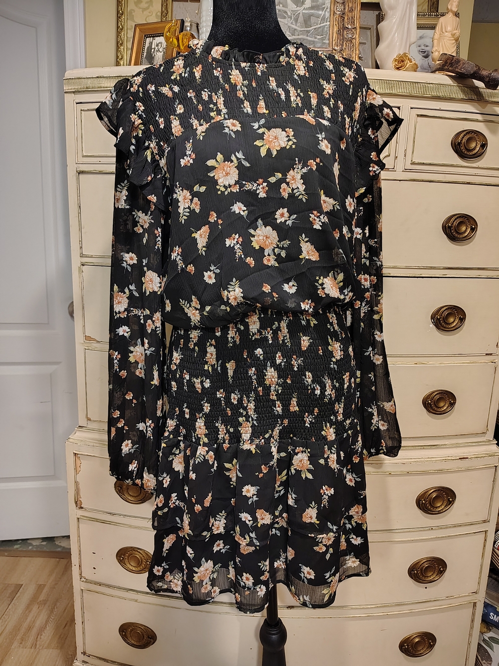 Main Strip Black Floral Midi Dress with Peach and Cream Blooms